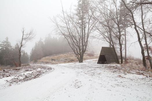 wooden hut in Harz mountains during foggy winter day, Germany