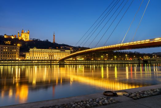 night view from Lyon city near the Fourviere cathedral and Saône river