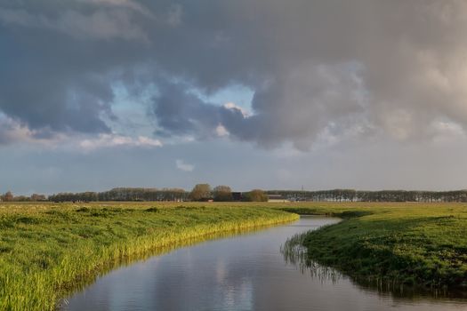 cloud sky over river in Dutch farmland, Groningen, Netherlands