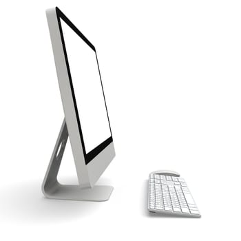 Modern desktop computer with white blank screen isolated on white background