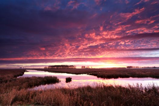 fire dramatic sunrise over river, Onlanden, Drenthe, Netherlands