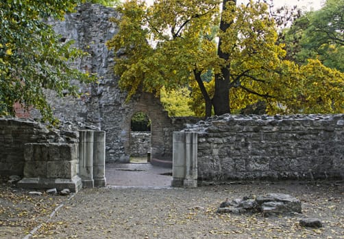 Medieval church ruins arched garden gate and trees.