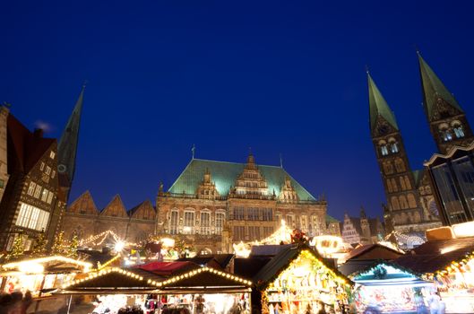 City Hall, Bremen Cathedral and Christmas market in Bremen by night, Germany