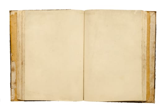 Old,antique book,open with blank pages on a white background.