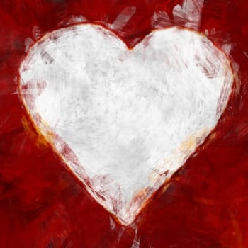 Textured digital painting of a heart shape in red and white withe copy space.