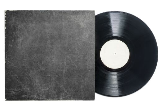 Old vinyl LP record with empty label and grungy cardboard cover on a white background.