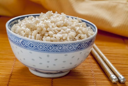 Brown rice served in a Chinese blue and white rice pattern bowl