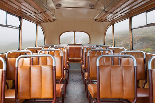 Interior of an old vintage bus on norwegian country road
