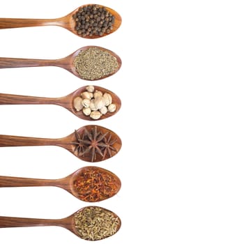 Collection of 6 spices on a wooden spoon. isolated on a white background, clipping path