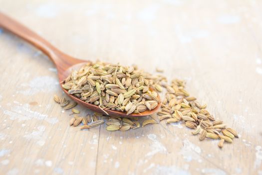 caraway seeds in wooden spoon on wood background 