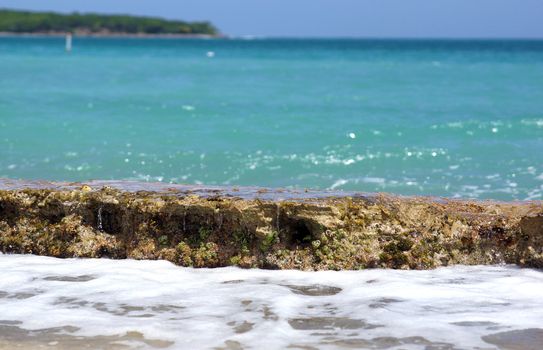 A rock ledge on the beach with a blue ocean background