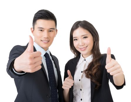 Smiling asian business man and woman gives you thumbs up gesture. Closeup portrait. Isolated on the white background.