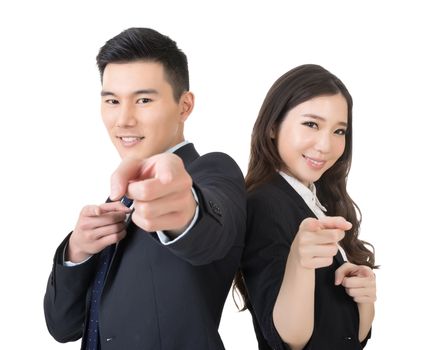 Smiling Asian business man and woman point at you, closeup portrait on white background.