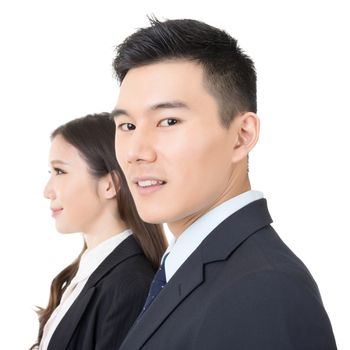 Side view of young business man and woman, closeup portrait.