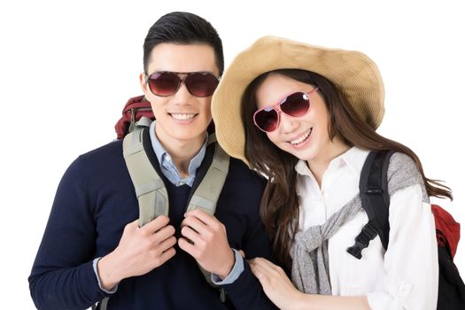 Happy traveling Asian couple, closeup portrait on white background.