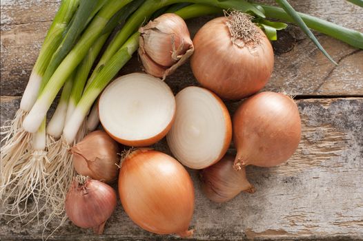 Assorted farm fresh onions on a rustic wooden table with spring onions, brown onions and shallots , with one onion cut in half in the centre of the arrangement, overhead view