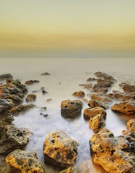 View of a tropical Sea and rocks. Long exposure shot.
