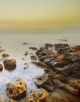 View of a tropical Sea and rocks. Long exposure shot.