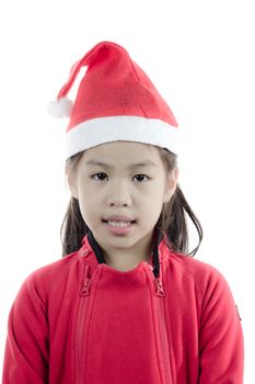 Little girl in the santa claus hat on white background