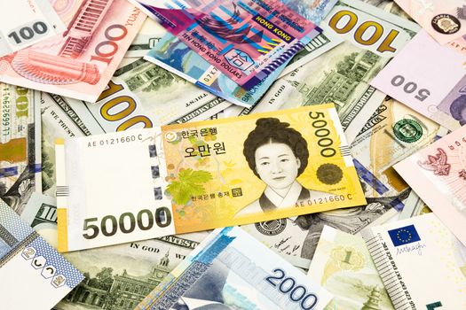 korean and world currency money banknote, business and  financial concept