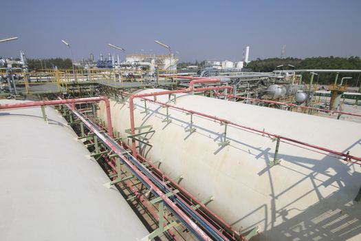 Gas storage tanks with blue sky in industrial plant