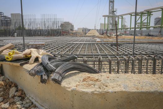 Reinforce iron cage in a construction site in sunny day