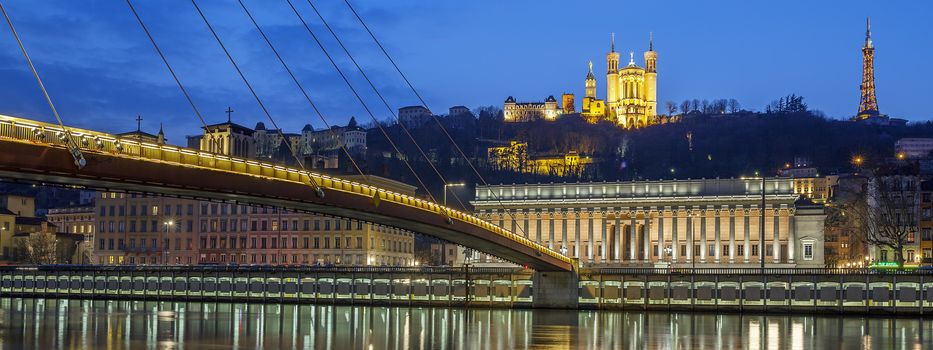 Panoramic view of Saone river at Lyon by night, France