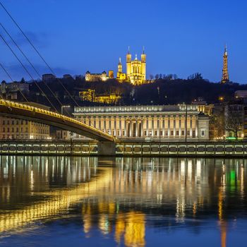 View of Saone river at Lyon by night, France