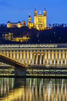 Vertical view of Saone river at Lyon by night, France