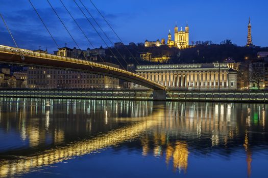 Beautiful view of Saone river at Lyon by night, France
