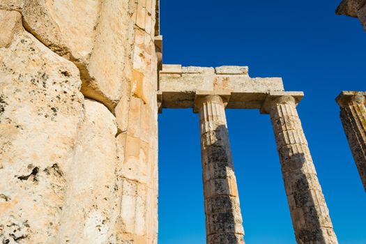 Close-up of Zeus temple pillars in the ancient Nemea, Greece