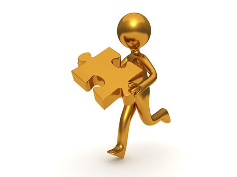 A golden 3D cartoon characters runs, holding a piece of jigsaw.