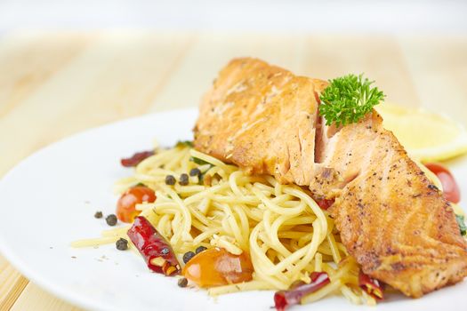 spaghetti Salmon with chilli