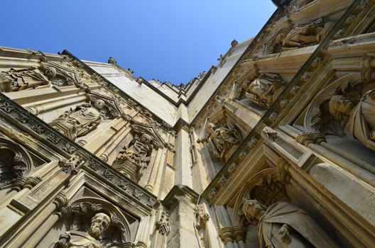 Historic Canterbury Cathedral in the English County of Kent. Image showing the detailed statues on its exterior walls.