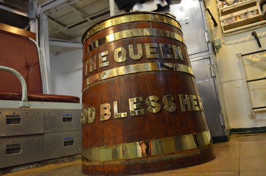 Traditional British Royal Navy rum barrel on warship.