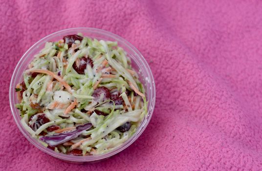 coleslaw in a plastic to-go container with copyspace