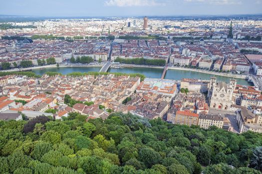 aerial view at Lyon from Basilique de Fourviere hill. France 