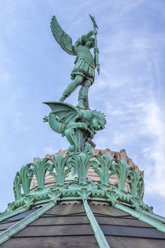Saint-Michel statue on the top of Notre Dame de Fourviere basilica, Lyon, France