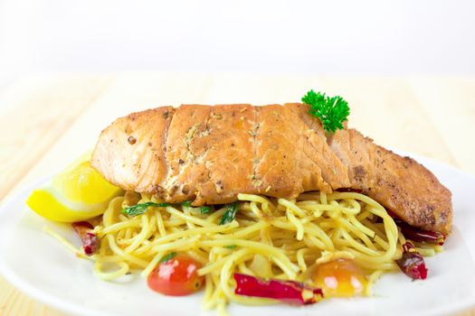 Spaghetti Salmon with hot chilli, tomato and pepper