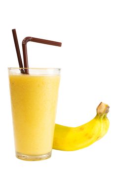 Banana smoothie in glass on white background, Clipping path