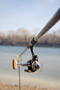 Close-up rod for fishing on a background of nature in spring