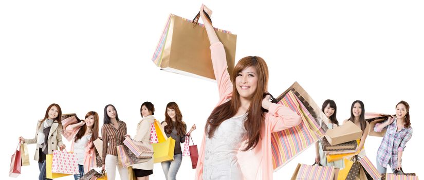 Happy Asian shopping girls on white background.