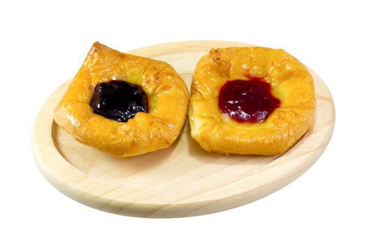 danish pastry with strawberries jam , blueberries jam on white background