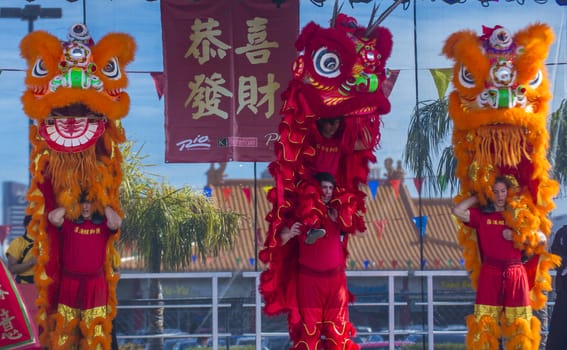 LAS VEGAS - FEB 09 : Lion dance performance during the Chinese New Year celebrations held in Las Vegas , Nevada on February 09 2014