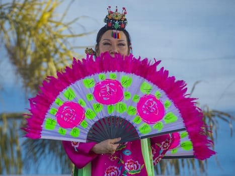 LAS VEGAS - FEB 09 : Chinese folk dancer perform at the Chinese New Year celebrations held in Las Vegas , Nevada on February 09 2014