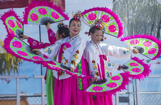 LAS VEGAS - FEB 09 : Chinese folk dancers perform at the Chinese New Year celebrations held in Las Vegas , Nevada on February 09 2014