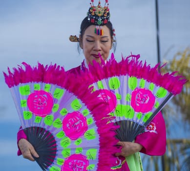 LAS VEGAS - FEB 09 : Chinese folk dancer perform at the Chinese New Year celebrations held in Las Vegas , Nevada on February 09 2014