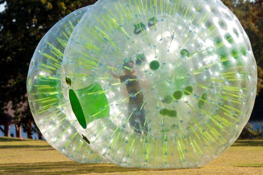 A child playing inside a zorb pushes from the inside, at a fall festival. 