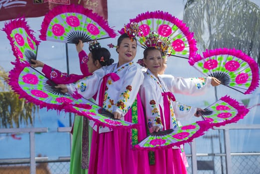 LAS VEGAS - FEB 09 : Chinese folk dancers perform at the Chinese New Year celebrations held in Las Vegas , Nevada on February 09 2014