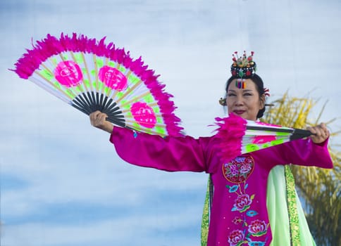 LAS VEGAS - FEB 09 : Chinese folk dancer perform at the Chinese New Year celebrations held in Las Vegas , Nevada on February 09 2014